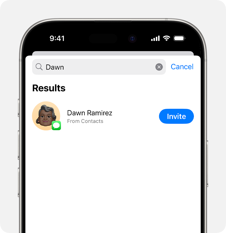 On an iPhone, the list of people someone can invite is showing. In the bottom left of their photo, they have a Messages icon. To the left, it says "Invite".