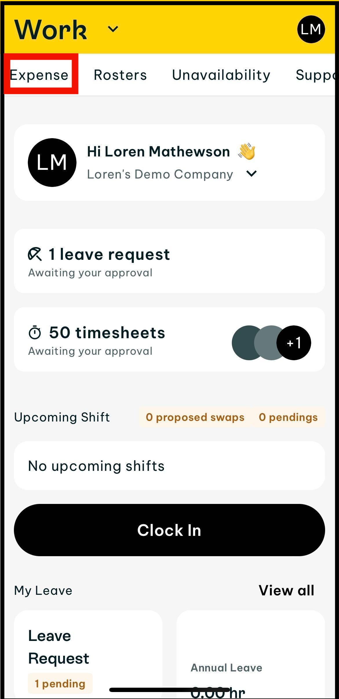 tap on expense in the top bar in the work home screen.jpg