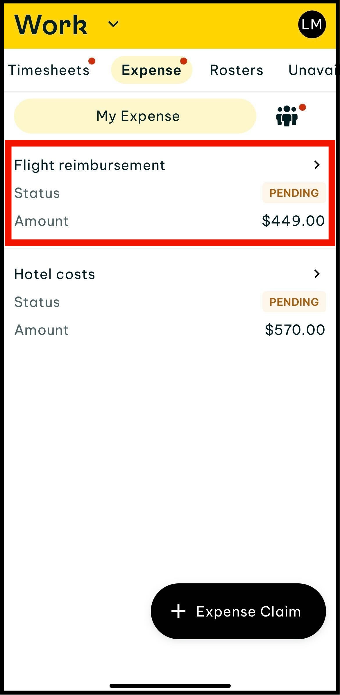Screenshot of where to tap on the expense that you want to edit