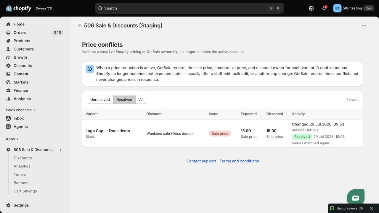 GetSale Price conflicts page with a resolved conflict showing Values matched again