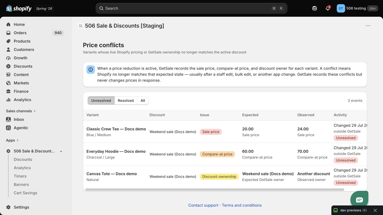 GetSale Price conflicts page with unresolved sale price, compare-at price, and discount ownership conflicts